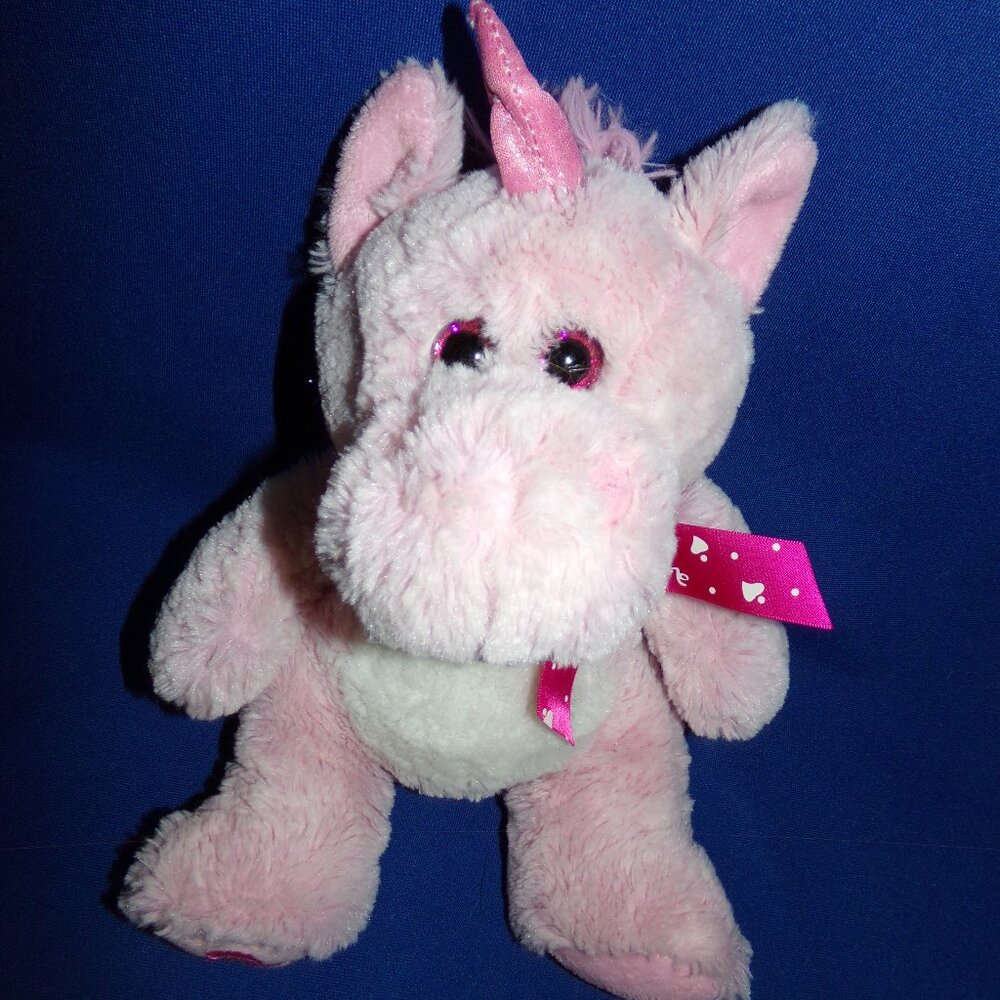 Plush Stuffed Soft Large Pink Unicorn Valentine Puppy Dog Toy w/Red Bow & Hearts